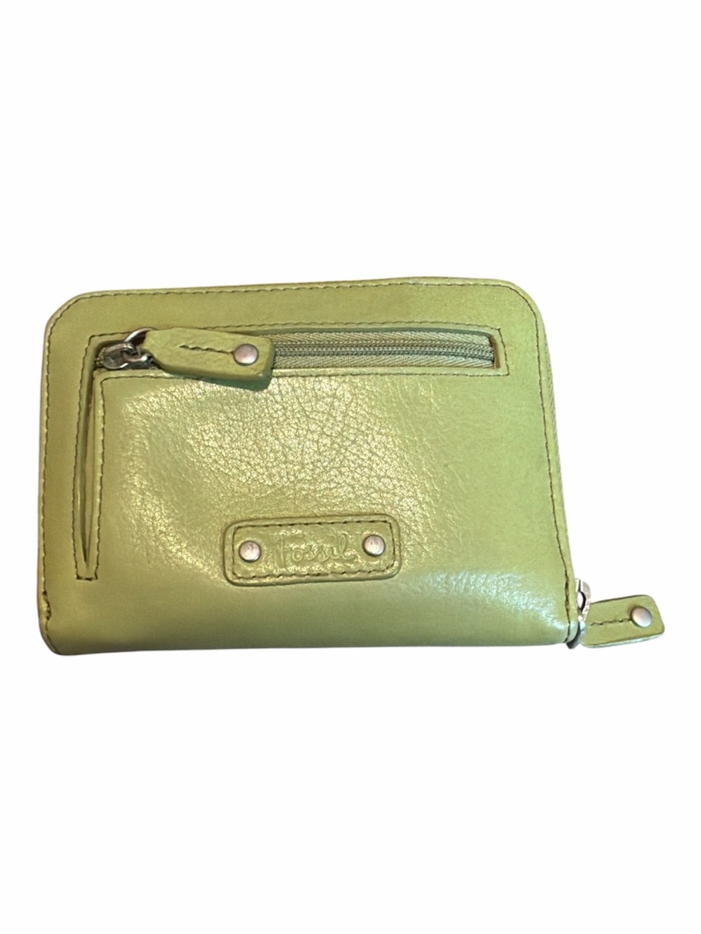 Vintage Fossil Avocado Green Leather Zip-Around Wallet with Floral Interior